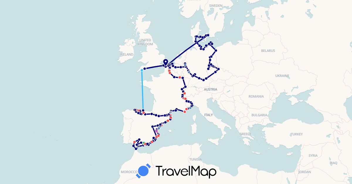 TravelMap itinerary: driving, bus, cycling, train, hiking, boat in Andorra, Belgium, Switzerland, Czech Republic, Germany, Denmark, Spain, France, United Kingdom, Gibraltar, Italy, Netherlands, Poland (Europe)